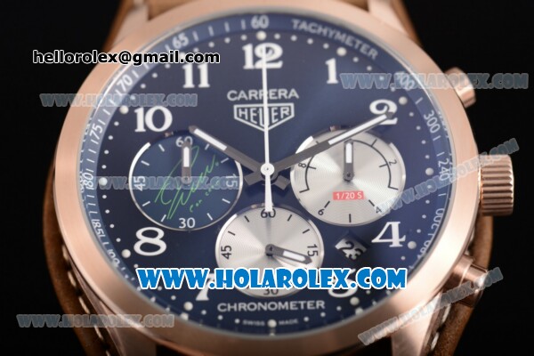 Tag Heuer Carrera Specail Edition Chrono Miyota Quartz Rose Gold Case with Blue Dial Brown Leather Strap and Arabic Numeral Markers - Click Image to Close